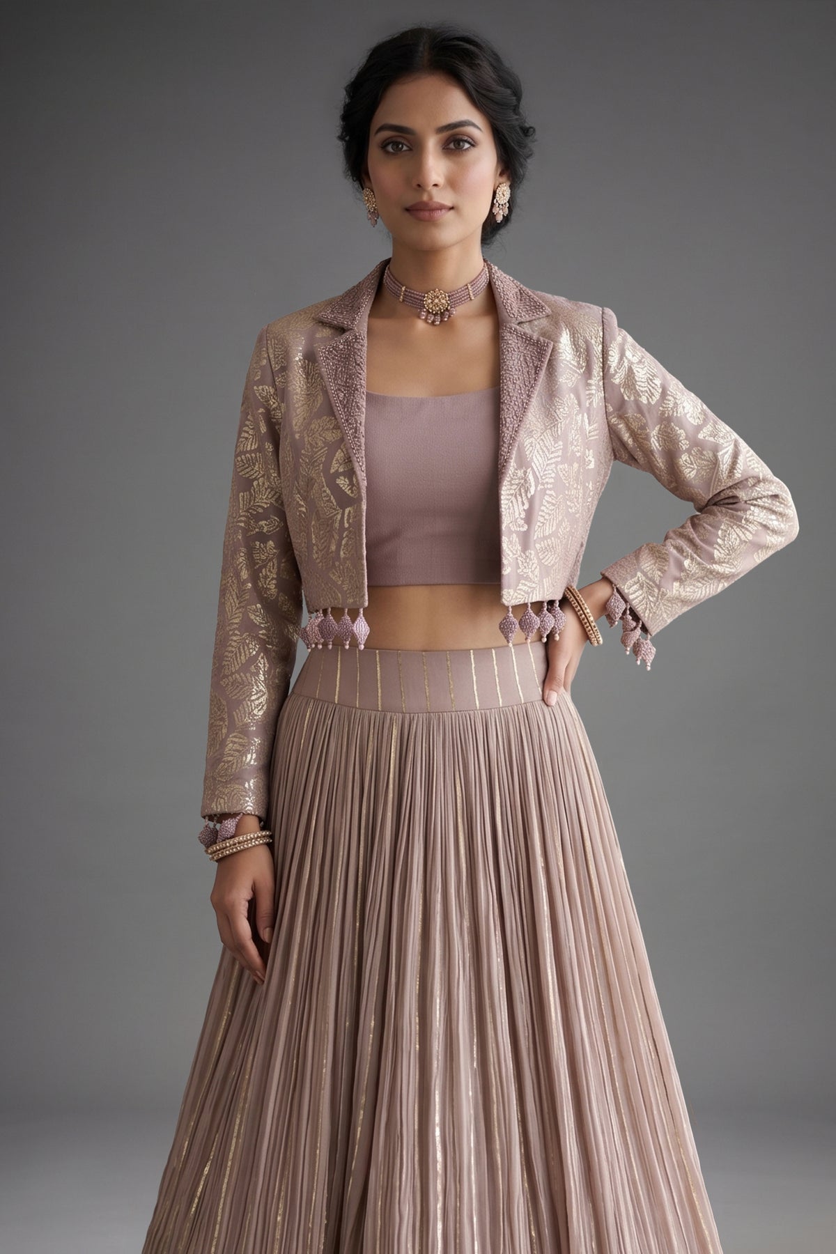 Rose Golden Georgette Sequin Embroidered Crop Top Jacket with Skirt - red georgette saree embroidered