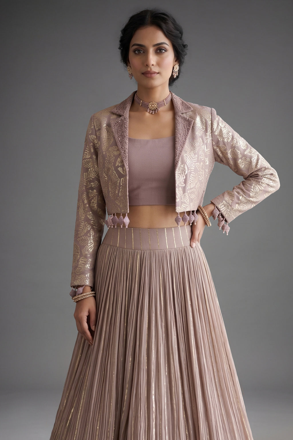 Rose Golden Georgette Sequin Embroidered Crop Top Jacket with Skirt - red georgette saree embroidered