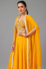 Yellow Net Sequin Cutdana Worked Crop Top Palazzo with Jacket - yellow net saree
