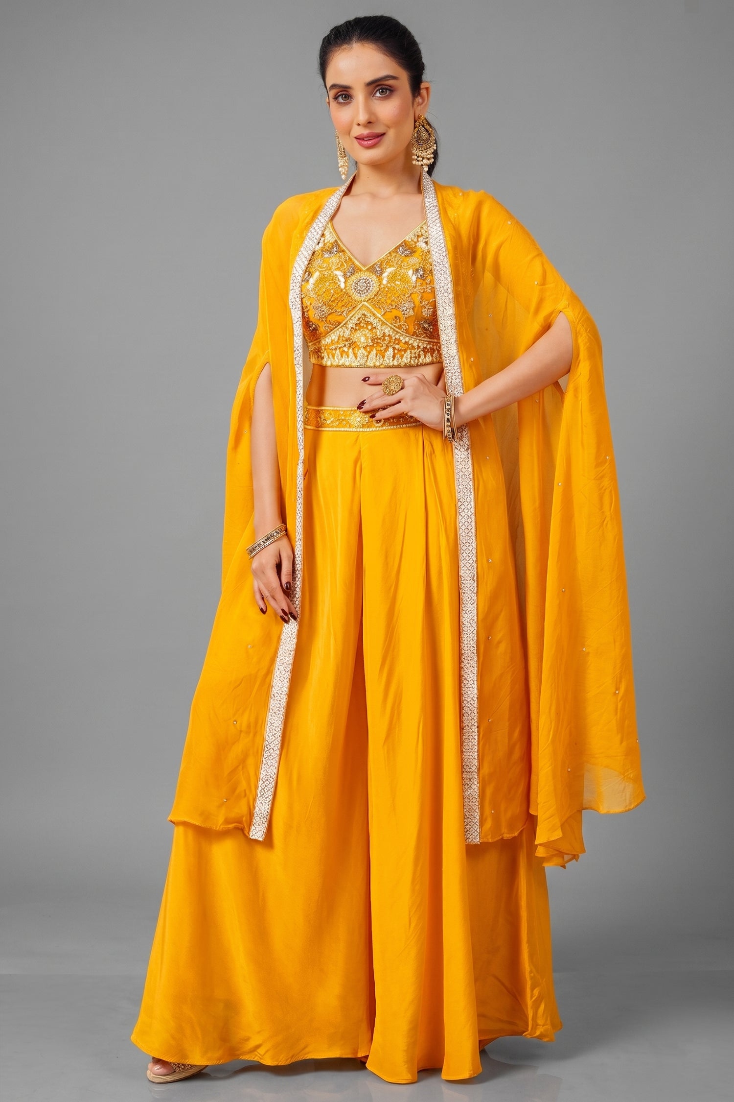 Yellow Net Sequin Cutdana Worked Crop Top Palazzo with Jacket - yellow net saree
