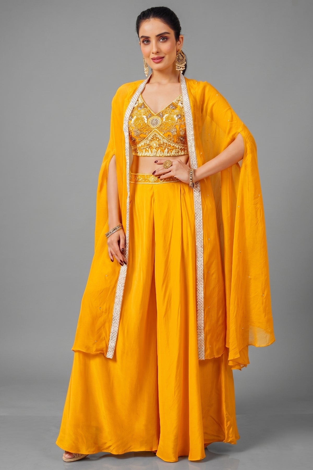 Yellow Net Sequin Cutdana Worked Crop Top Palazzo with Jacket - yellow net saree