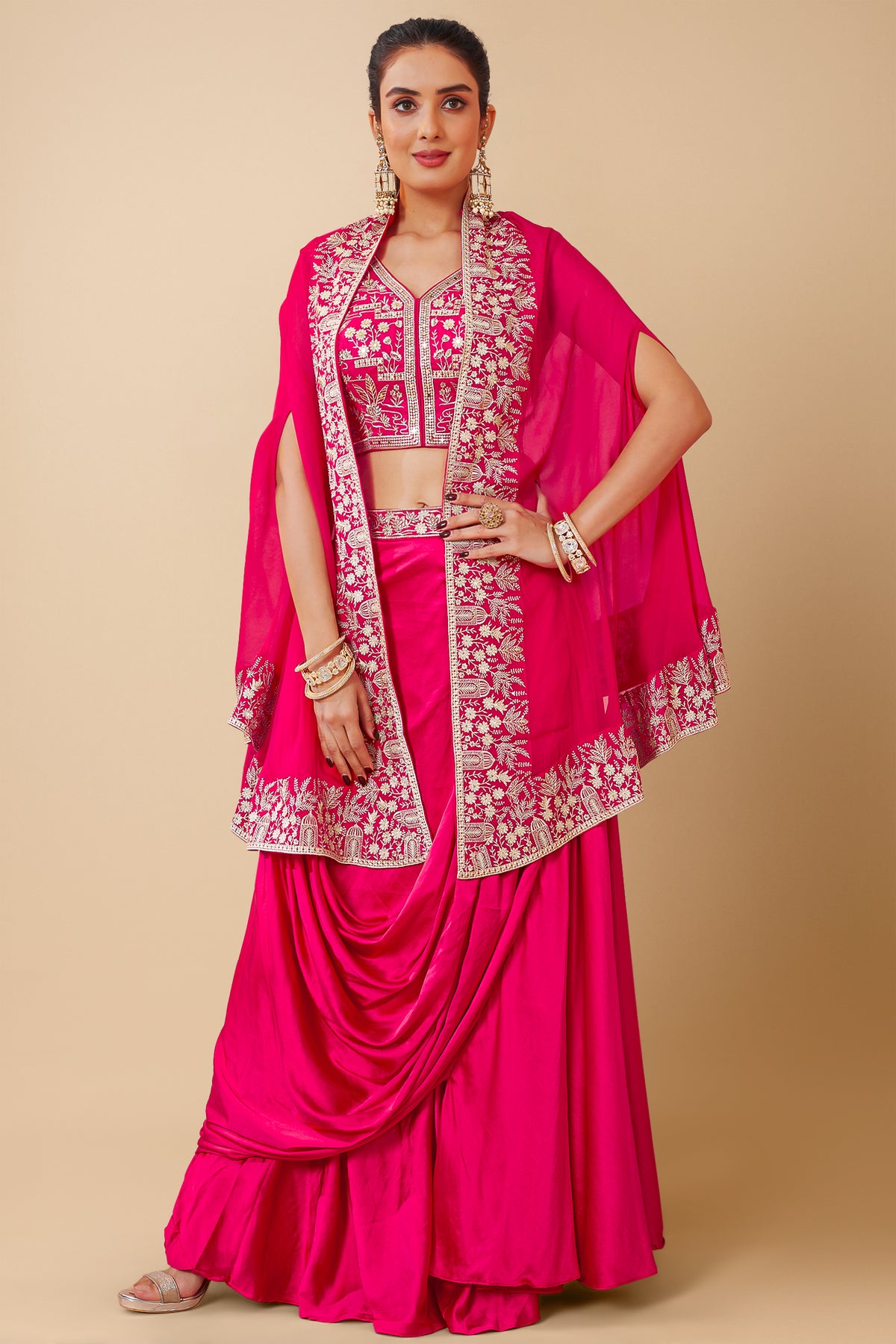 Pink Satin Crepe Silk Embroidered Crop Top with Draped Skirt and Jacket