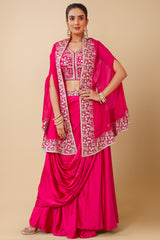 Pink Satin Crepe Silk Embroidered Crop Top with Draped Skirt and Jacket
