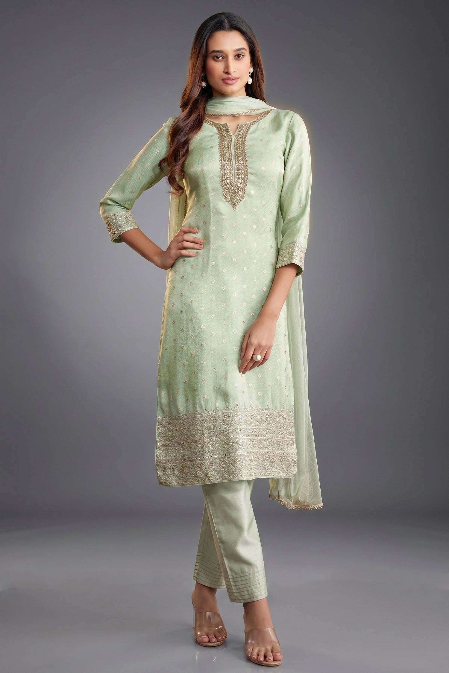Turquoise Green Tissue Straight Cut Suit - green saree