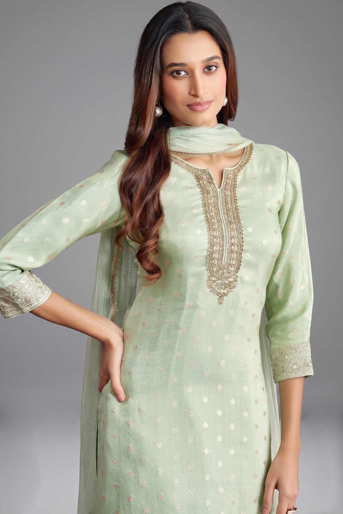 Turquoise Green Tissue Straight Cut Suit - green saree