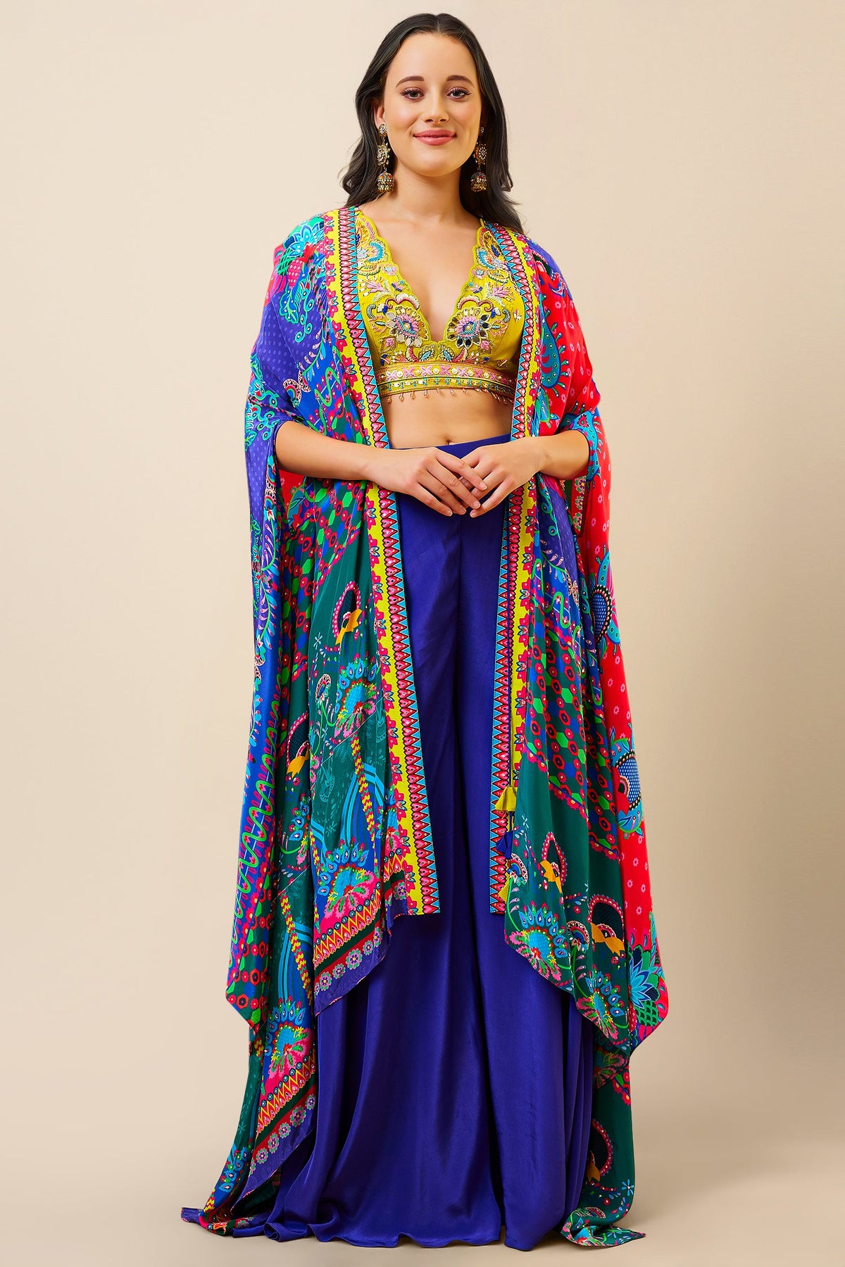 Yellow Crepe Silk Deep Scallop V Neckline Handwork Crop Top Palazzo with Jacket