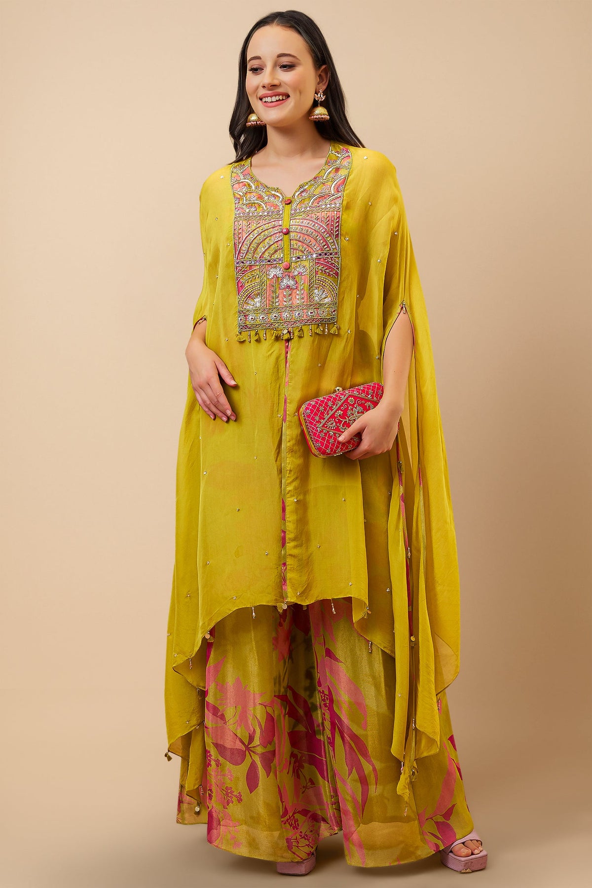 Mustard Yellow Organza Handwork Top and Palazzo Set