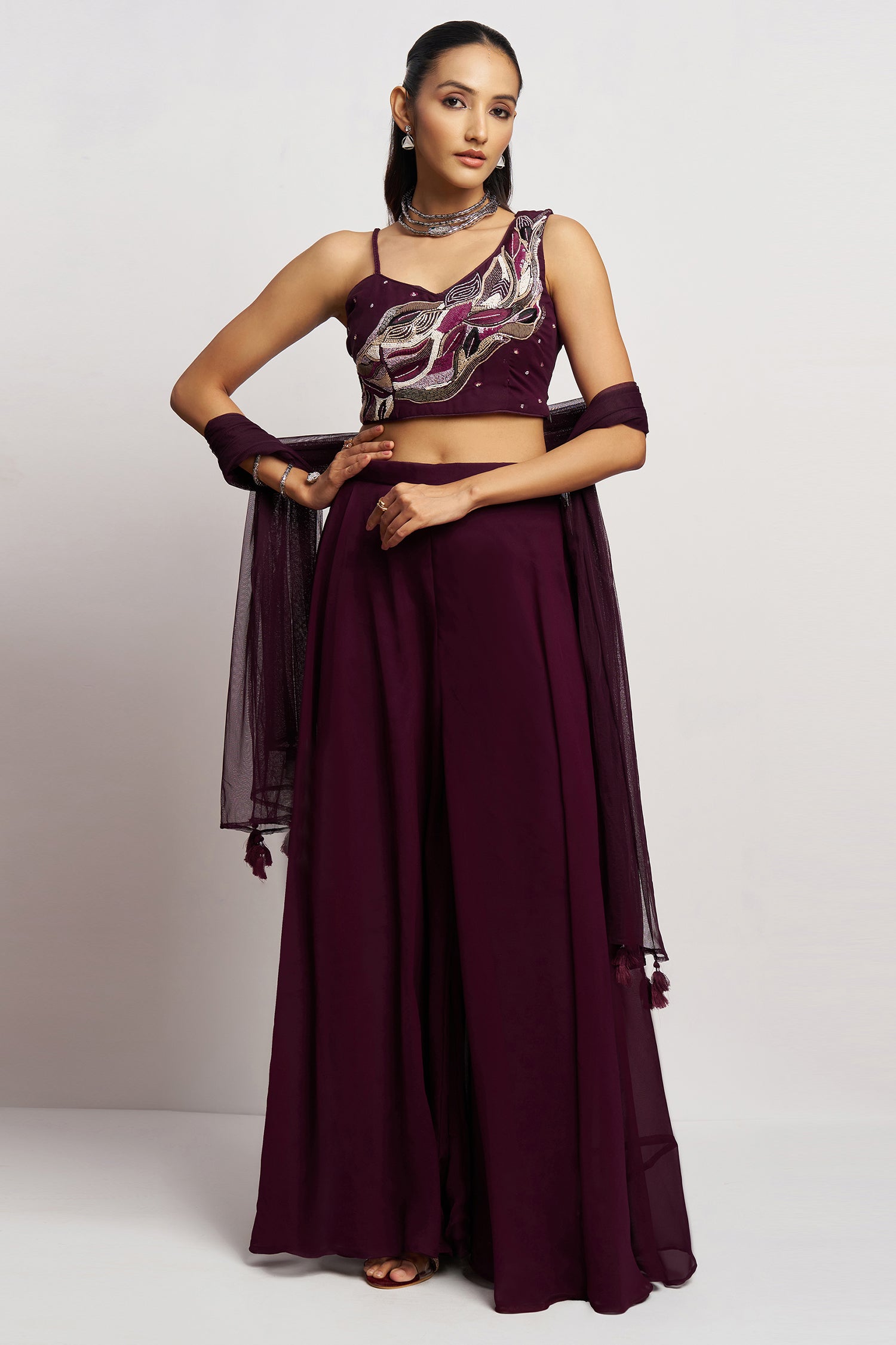 Wine Purple Georgette Sequin and Cutdana Work Crop Top Palazzo Set