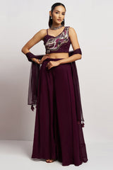 Wine Purple Georgette Sequin and Cutdana Work Crop Top Palazzo Set