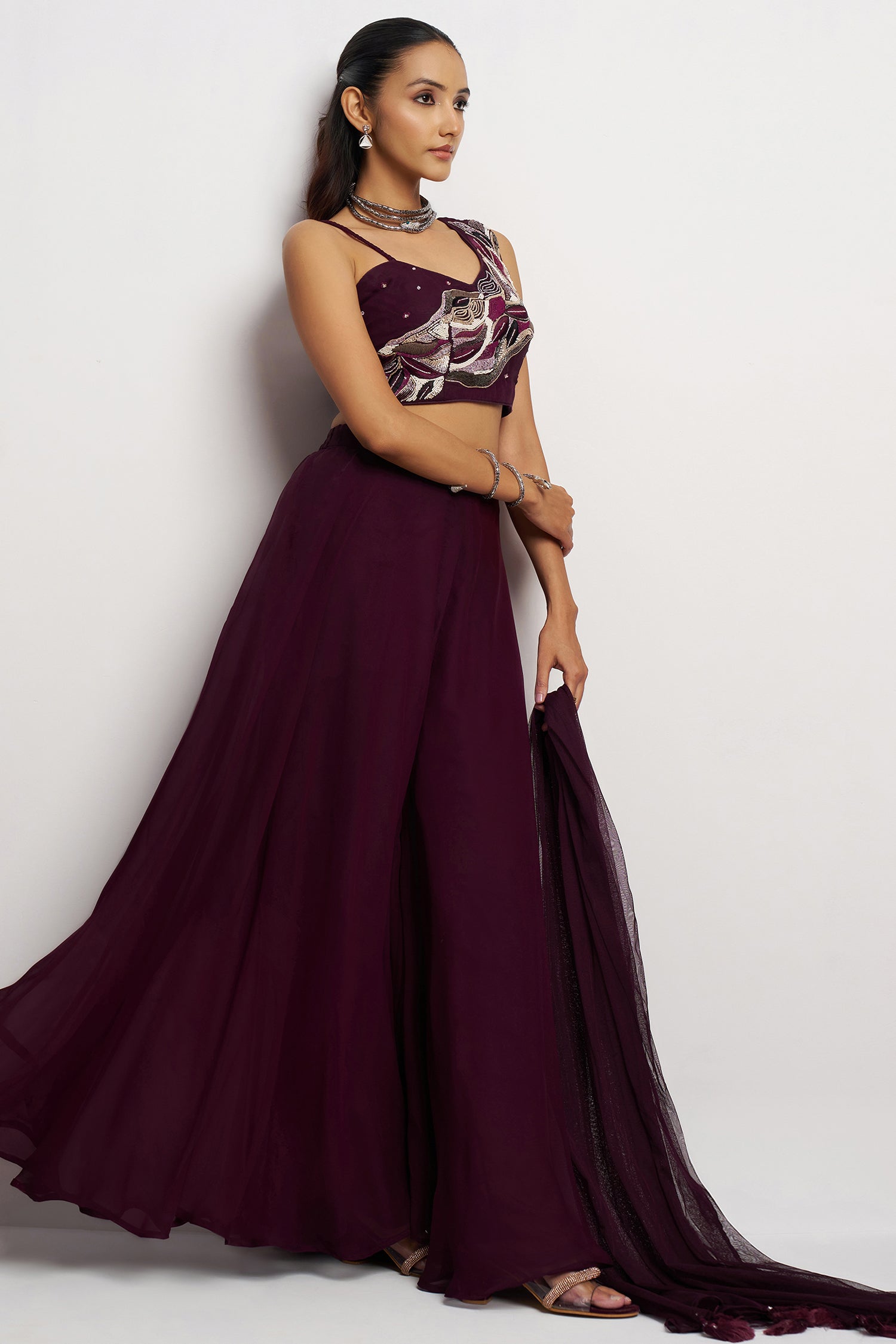 Wine Purple Georgette Sequin and Cutdana Work Crop Top Palazzo Set