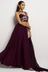 Wine Purple Georgette Sequin and Cutdana Work Crop Top Palazzo Set