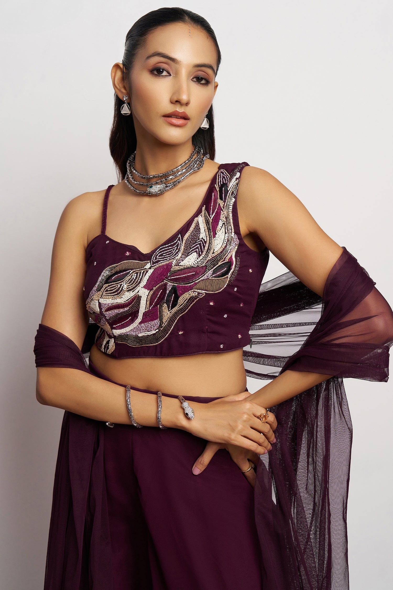 Wine Purple Georgette Sequin and Cutdana Work Crop Top Palazzo Set