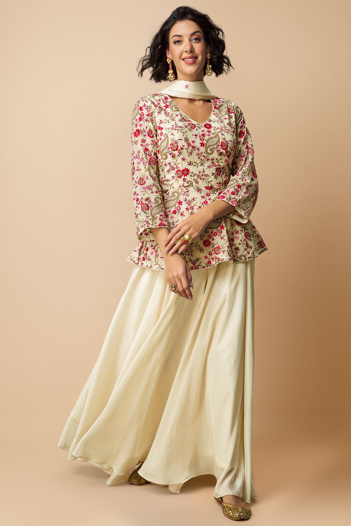 Cream Chinon Embroidered Peplum Palazzo Suit - red saree embroidered