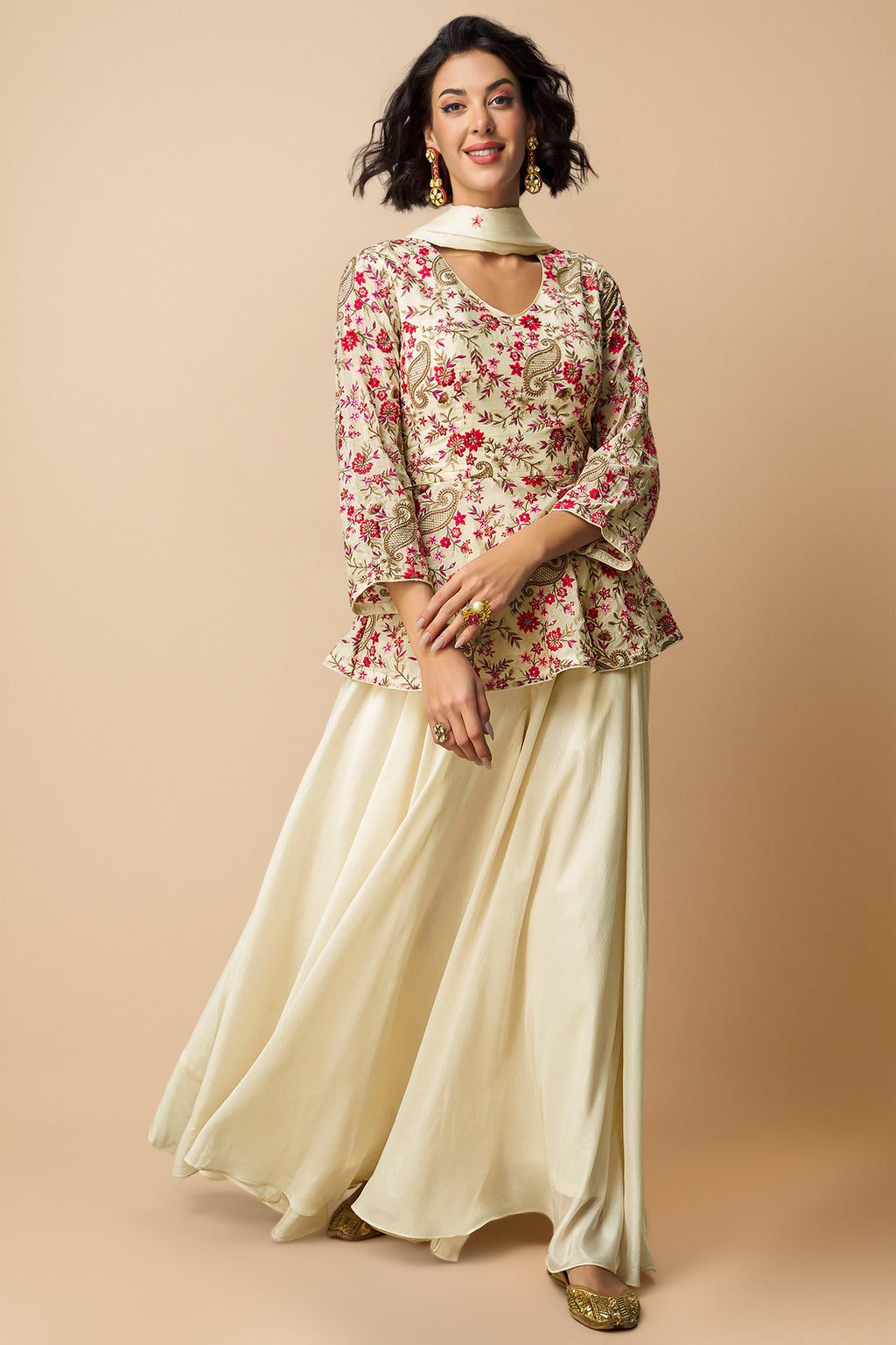Cream Chinon Embroidered Peplum Palazzo Suit - red saree embroidered