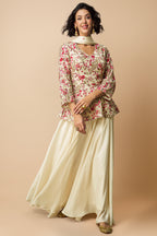 Cream Chinon Embroidered Peplum Palazzo Suit - red saree embroidered