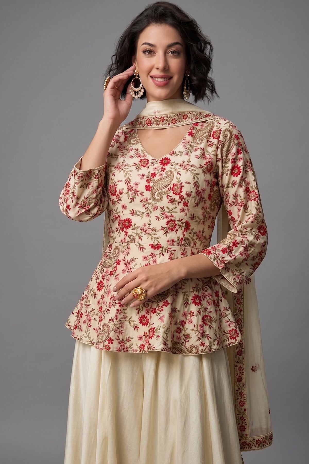 Cream Chinon Embroidered Peplum Palazzo Suit - red saree embroidered
