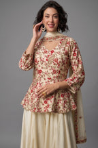 Cream Chinon Embroidered Peplum Palazzo Suit - red saree embroidered