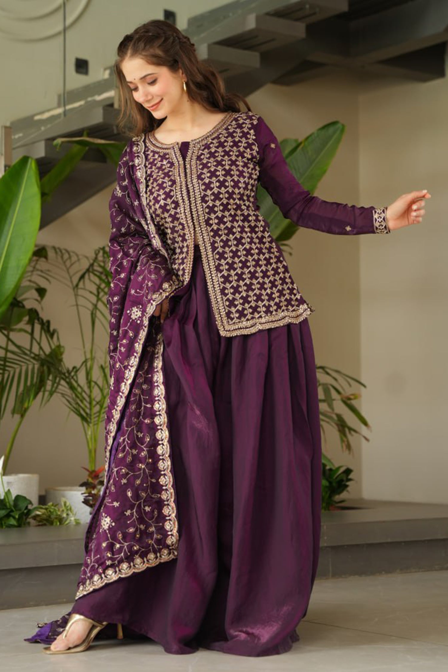Purple Organza Silk Cutdana and Sequin Worked Palazzo Suit