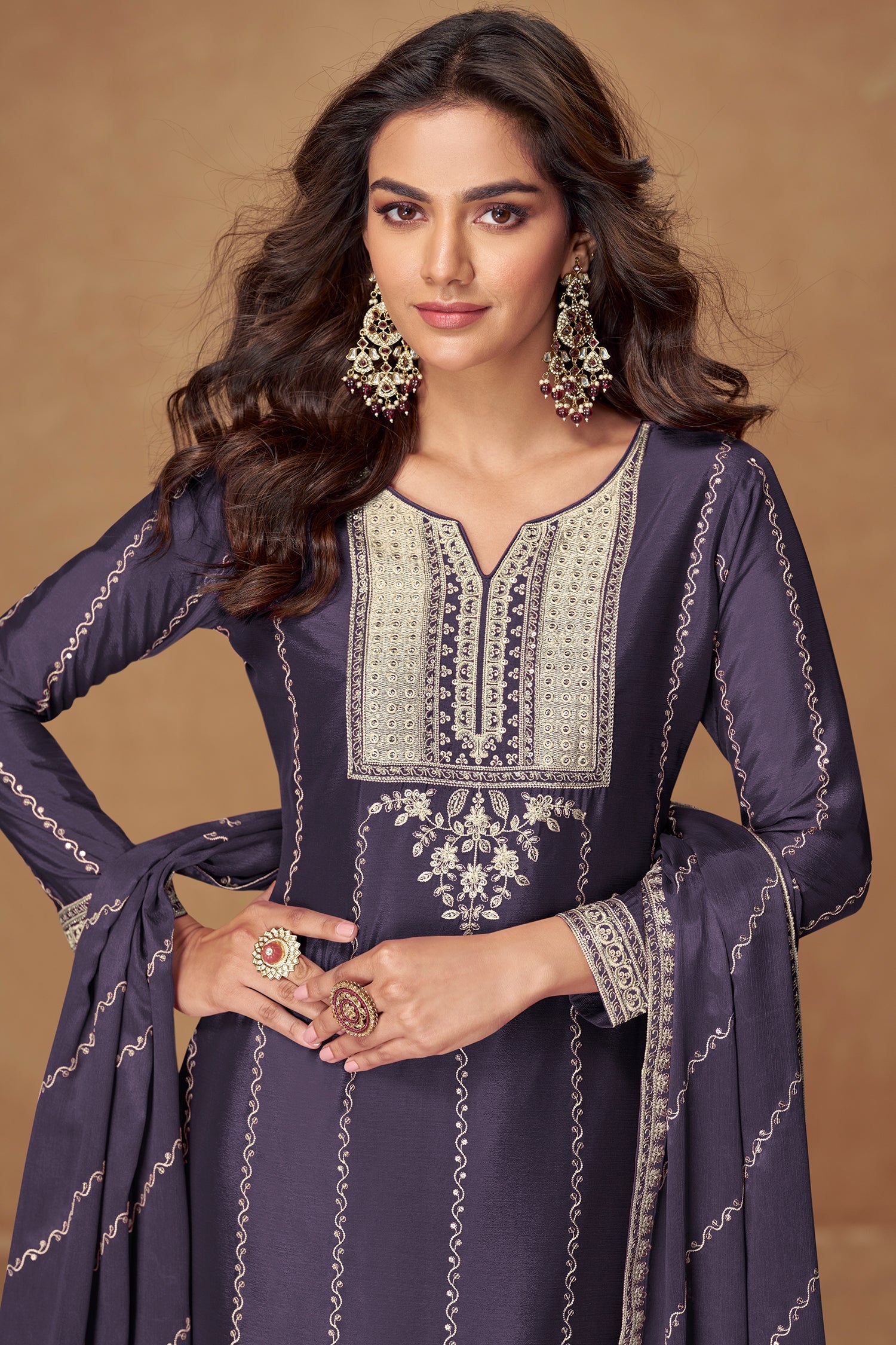 Blue Chinon Sequin Embroidered Palazzo Suit