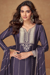 Blue Chinon Sequin Embroidered Palazzo Suit