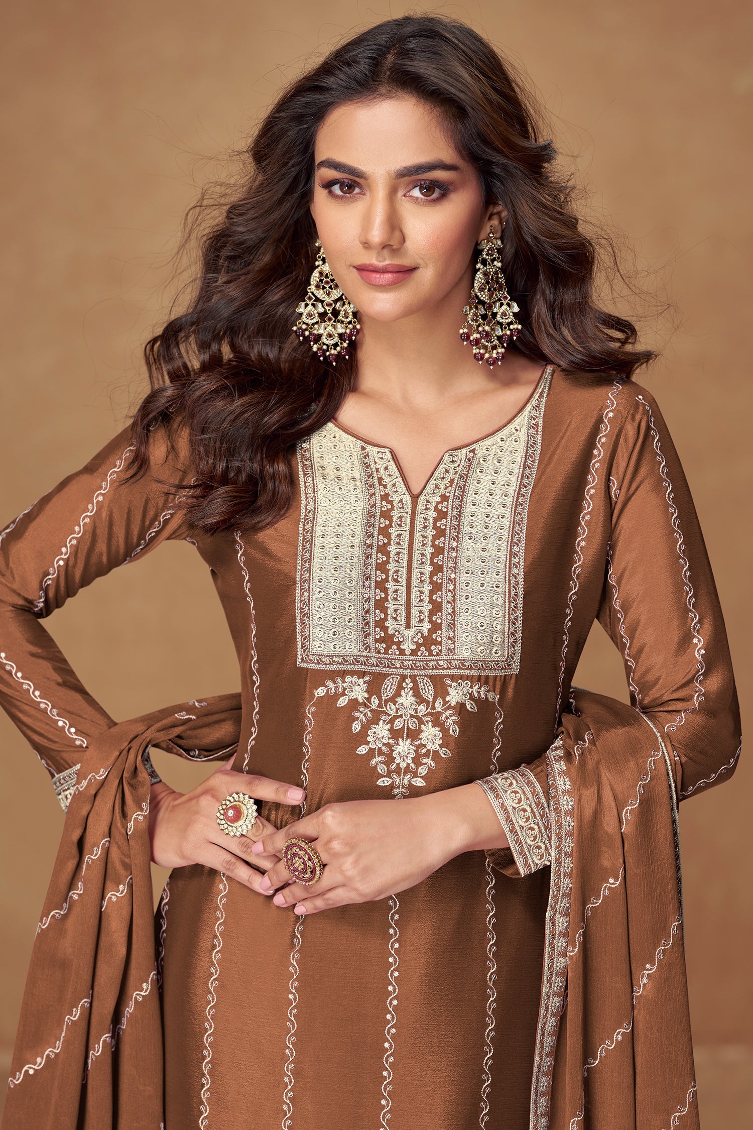 Brown Chinon Sequin Embroidered Palazzo Suit