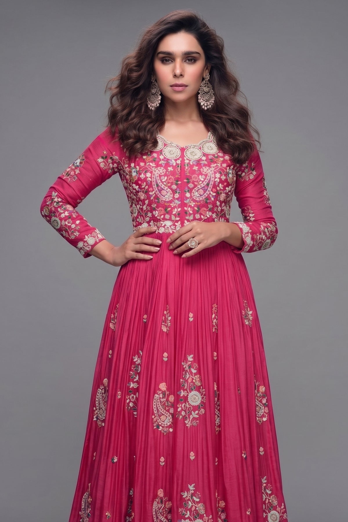 Pink Chinon Thread Embroidered Bodice Anarkali Suit - red saree embroidered