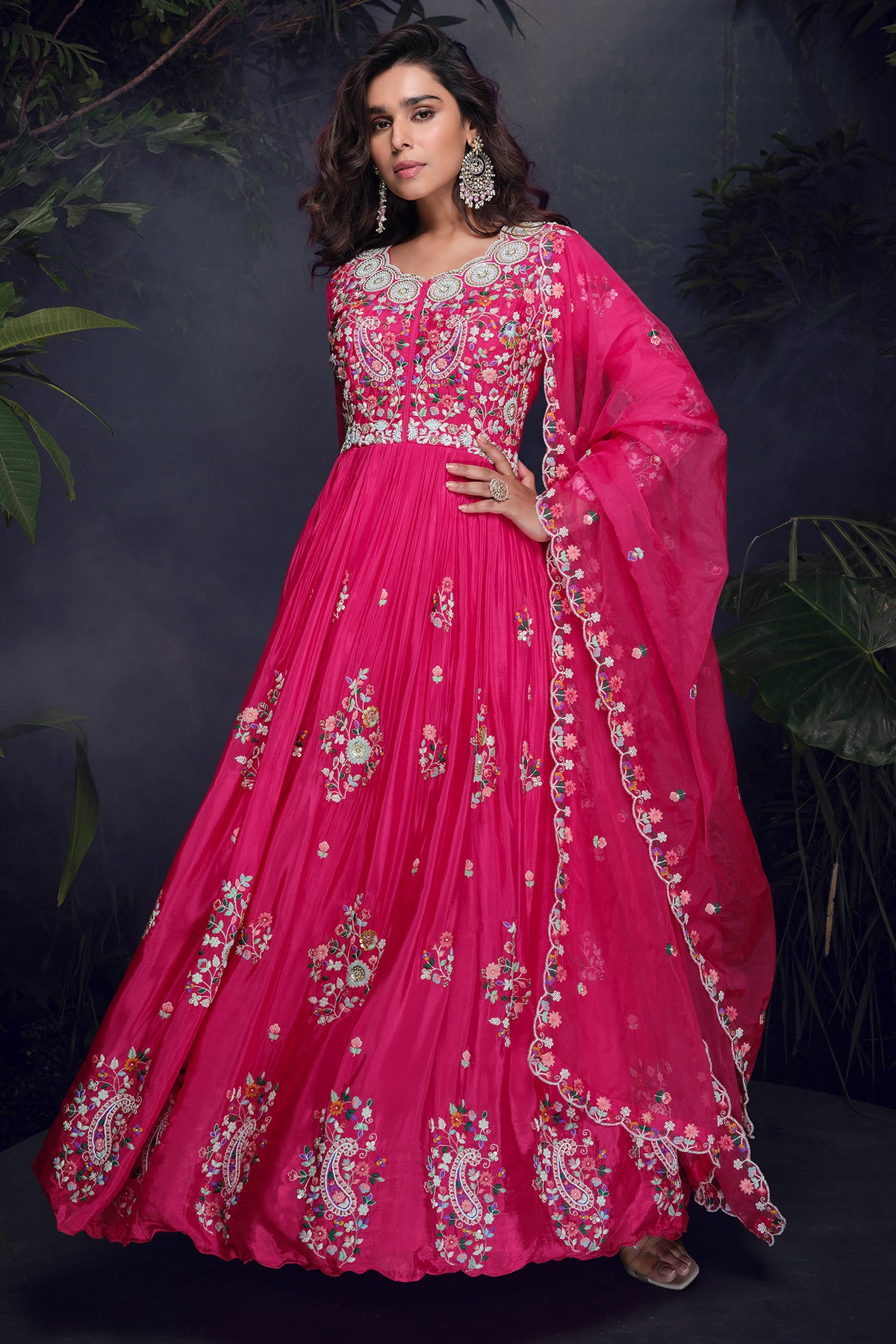 Pink Chinon Thread Embroidered Bodice Anarkali Suit - red saree embroidered
