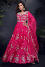 Pink Chinon Thread Embroidered Bodice Anarkali Suit - red saree embroidered