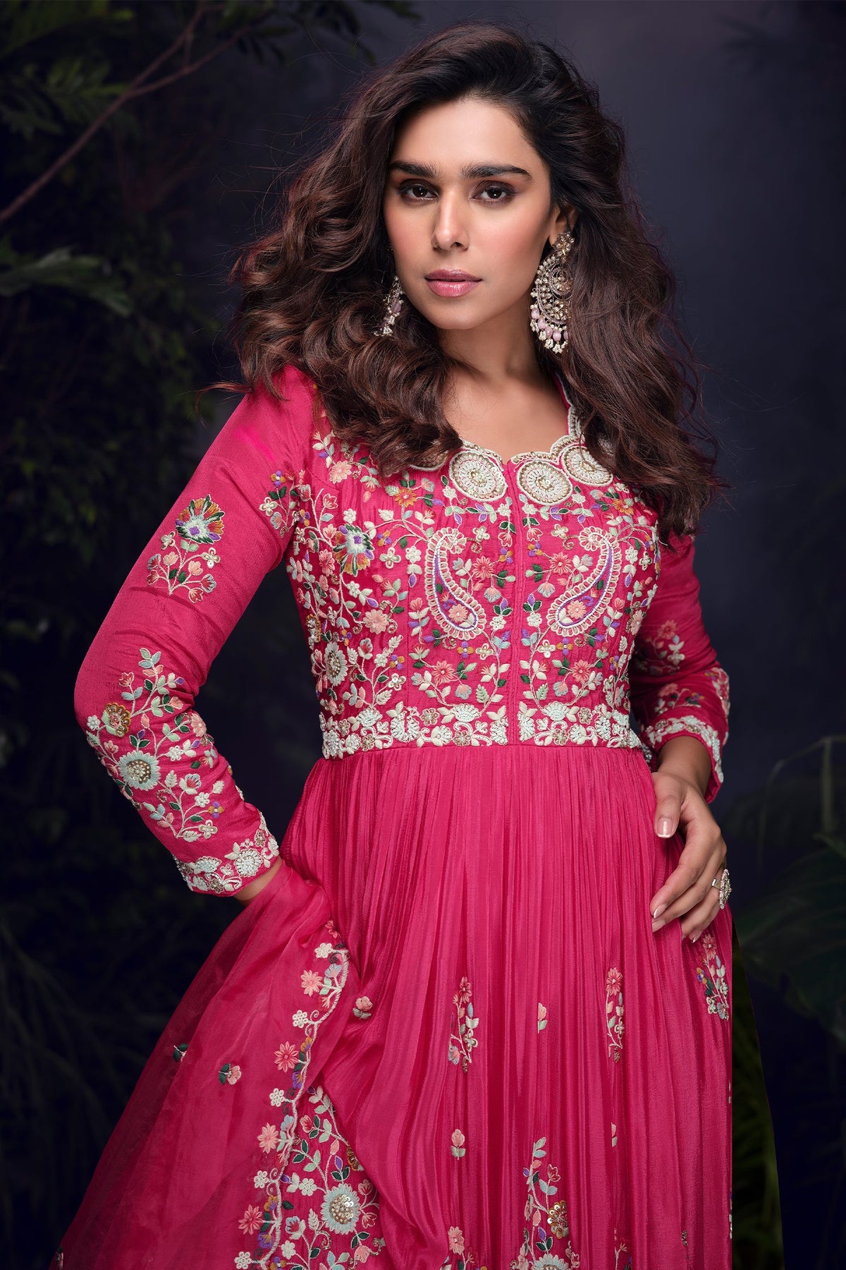 Pink Chinon Thread Embroidered Bodice Anarkali Suit - red saree embroidered