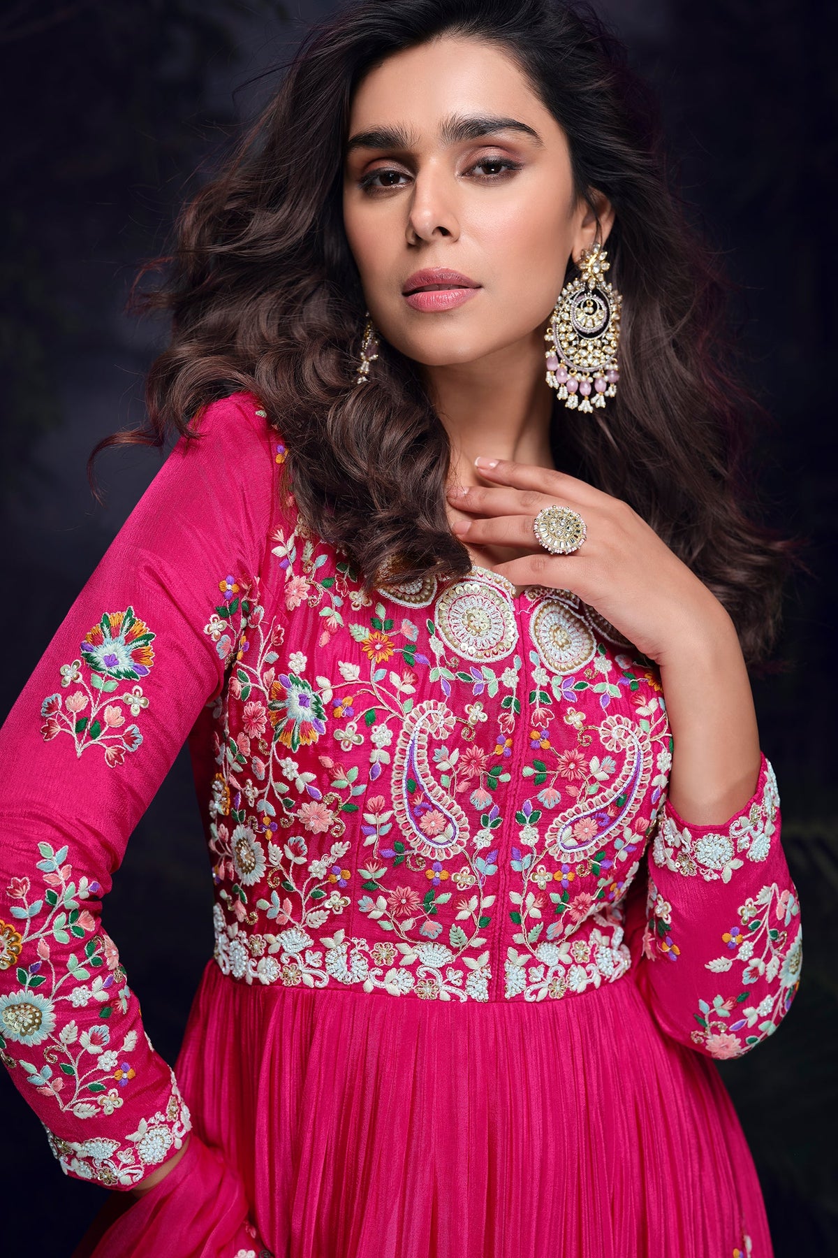 Pink Chinon Thread Embroidered Bodice Anarkali Suit - red saree embroidered