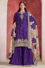 Purple Chinon Silk Embroidered Sharara Suit