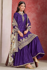 Purple Chinon Silk Embroidered Sharara Suit