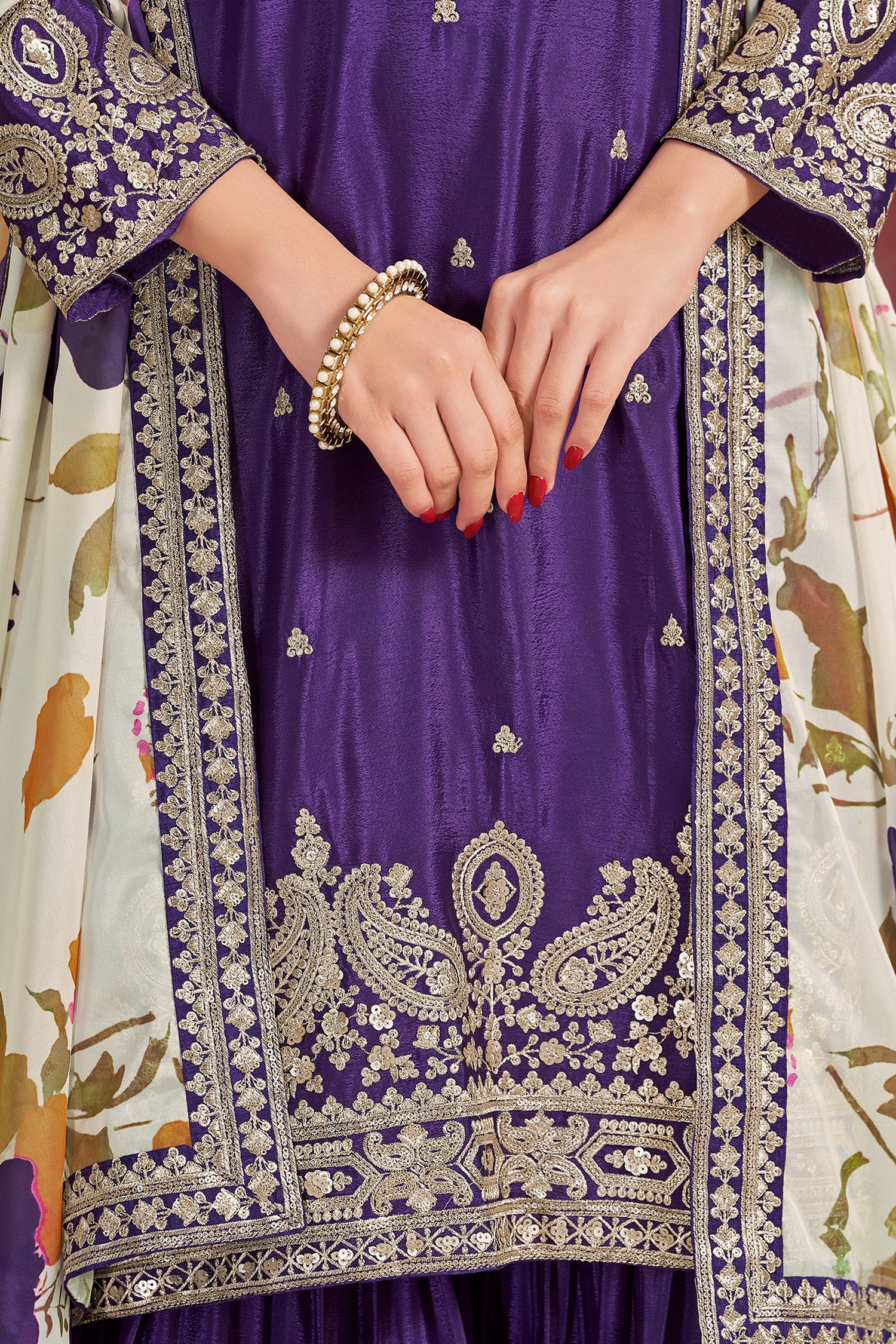 Purple Chinon Silk Embroidered Sharara Suit