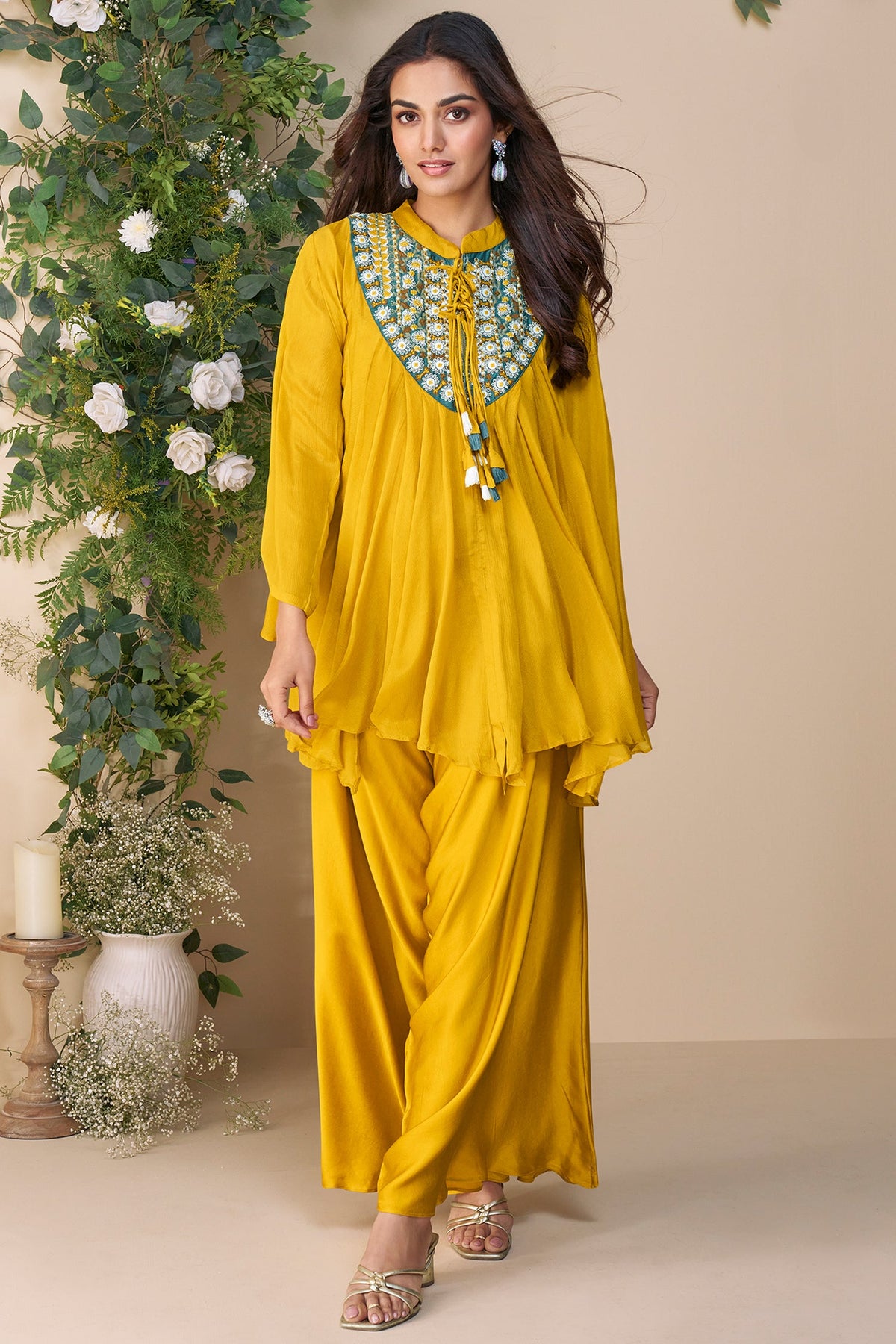 Yellow Chinon Silk Embroidered Poncho Style Top with Palazzo