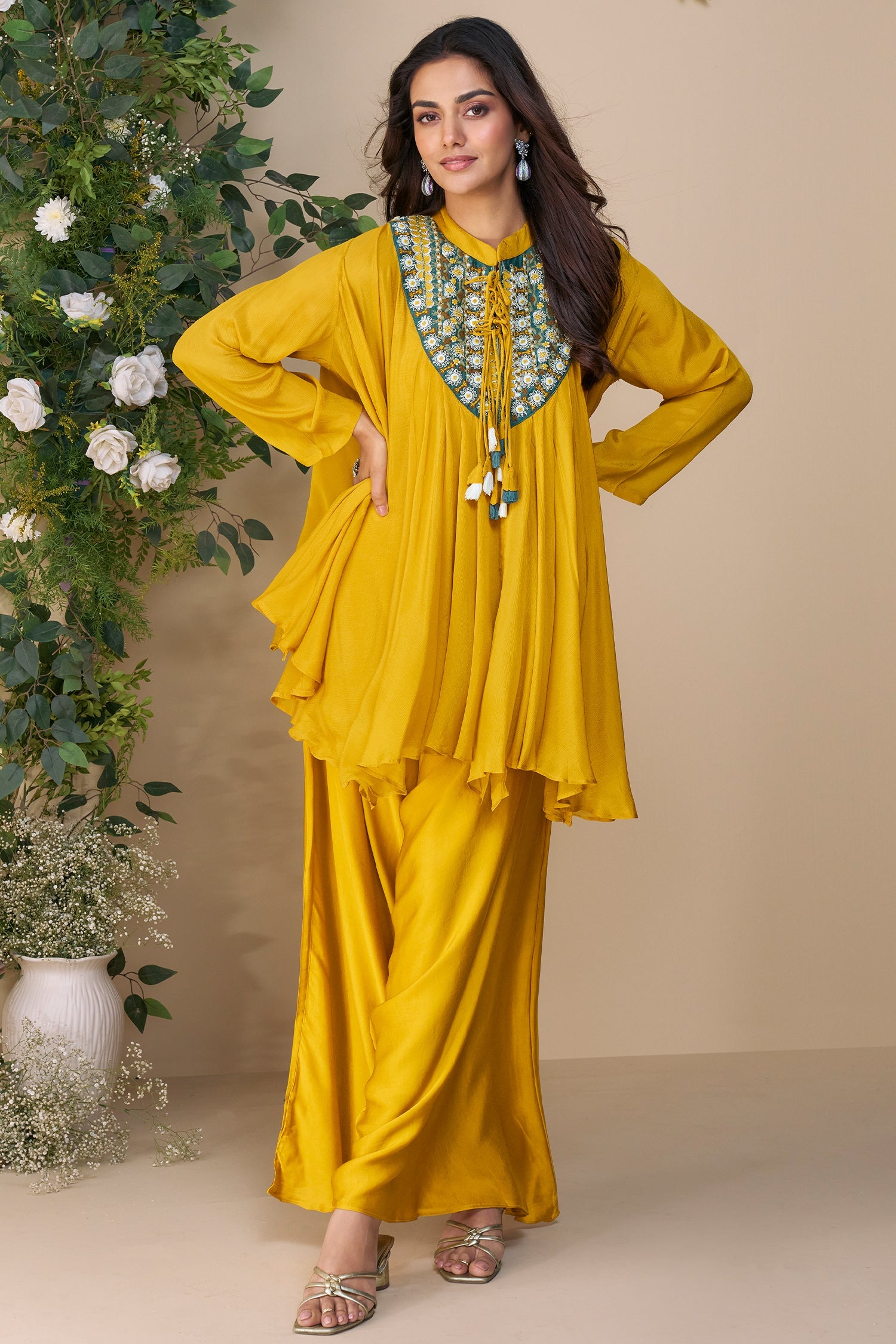 Yellow Chinon Silk Embroidered Poncho Style Top with Palazzo