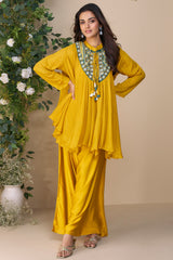 Yellow Chinon Silk Embroidered Poncho Style Top with Palazzo