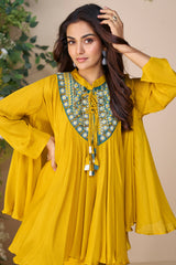 Yellow Chinon Silk Embroidered Poncho Style Top with Palazzo