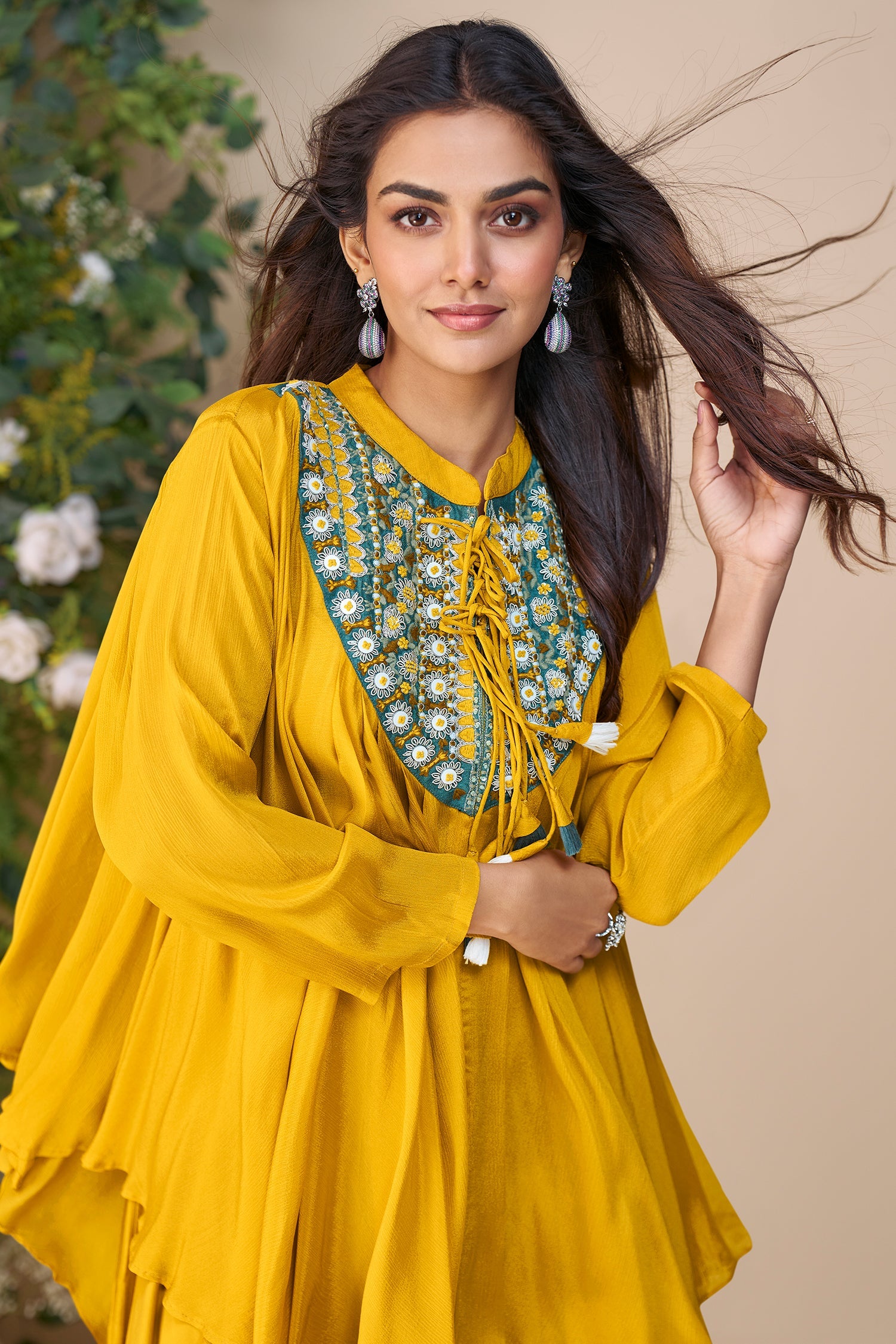 Yellow Chinon Silk Embroidered Poncho Style Top with Palazzo