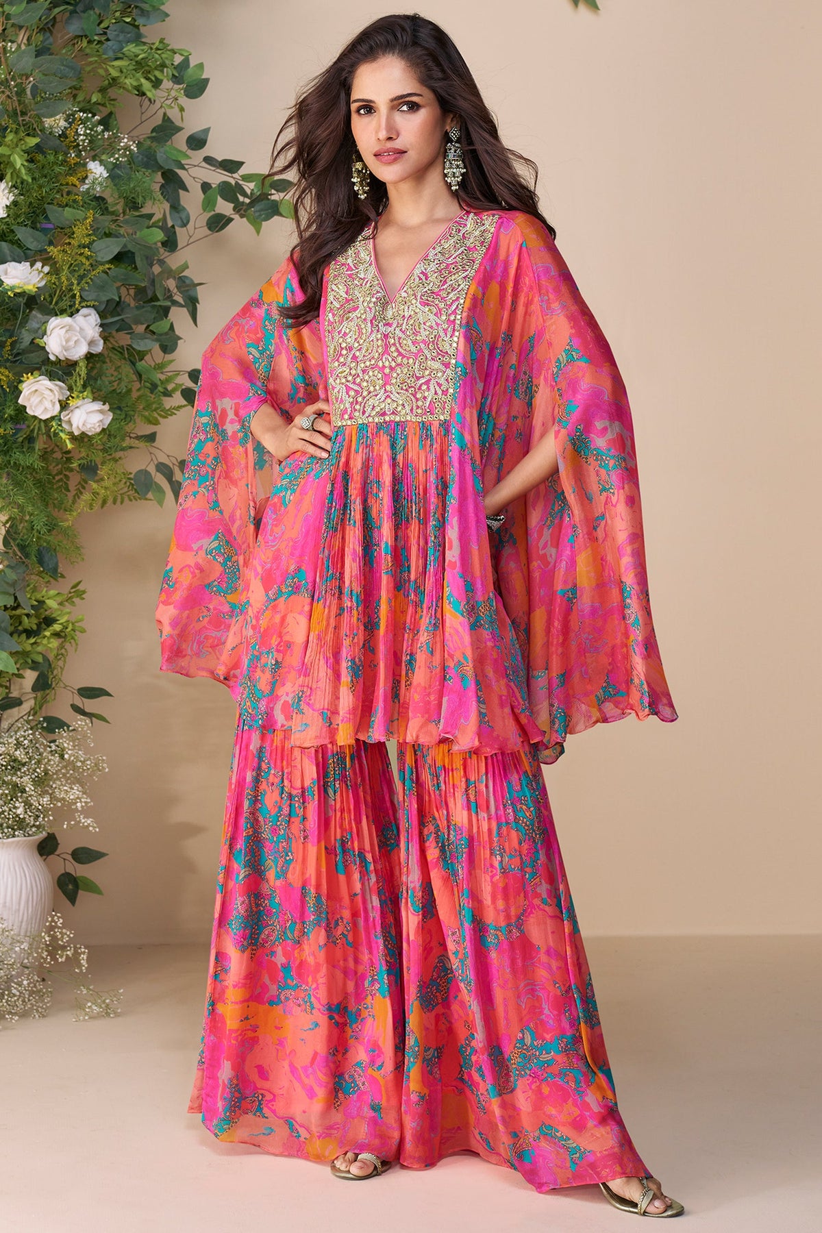 Peach and Pink Chinon Silk Embroidered Poncho Style Top with Palazzo