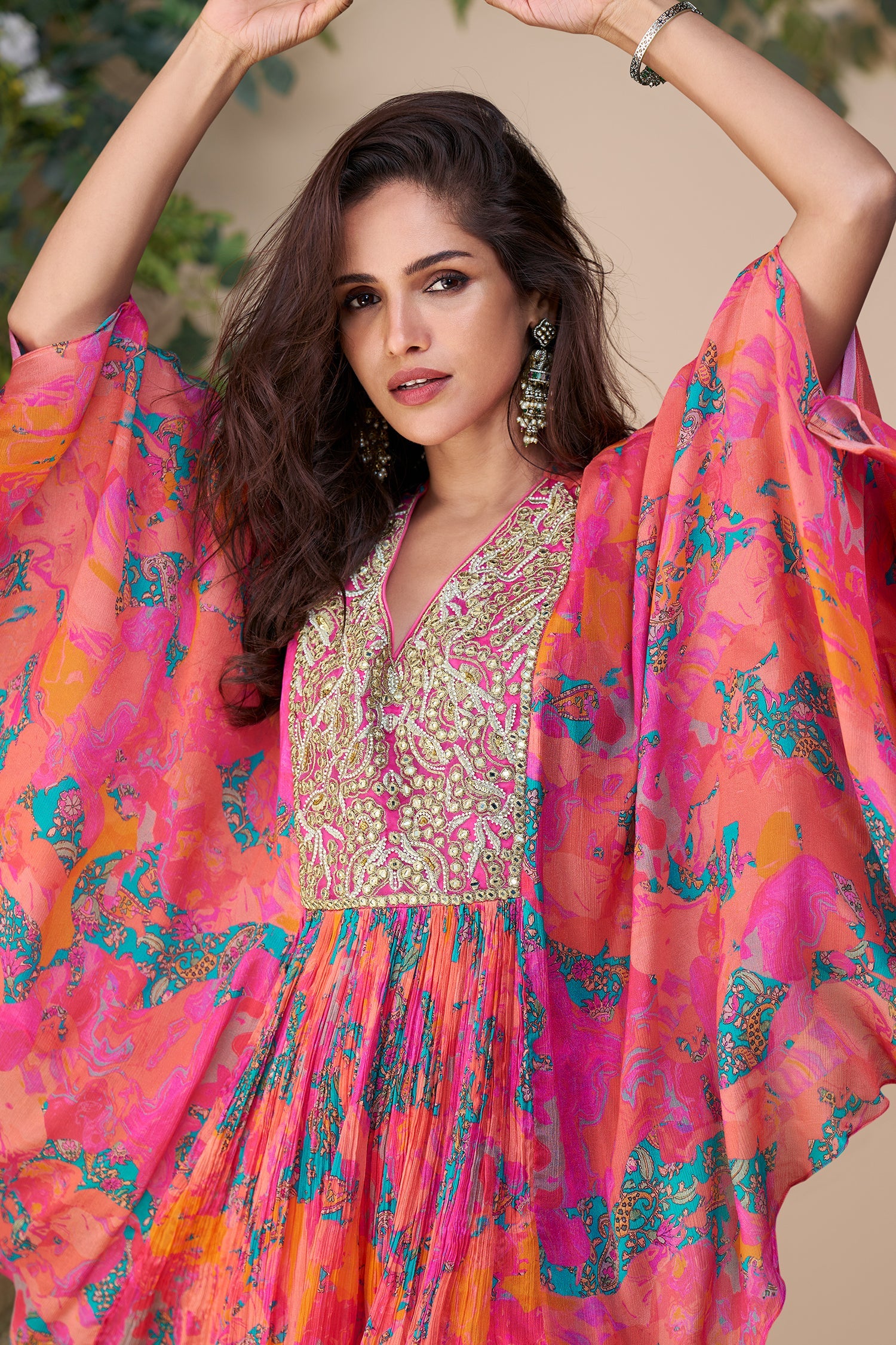 Peach and Pink Chinon Silk Embroidered Poncho Style Top with Palazzo