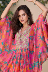 Peach and Pink Chinon Silk Embroidered Poncho Style Top with Palazzo