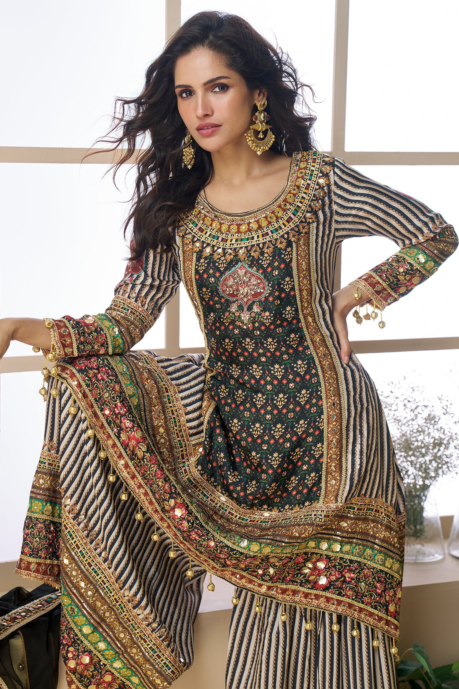 Black Crepe Viscose Embroidered Sharara Suit