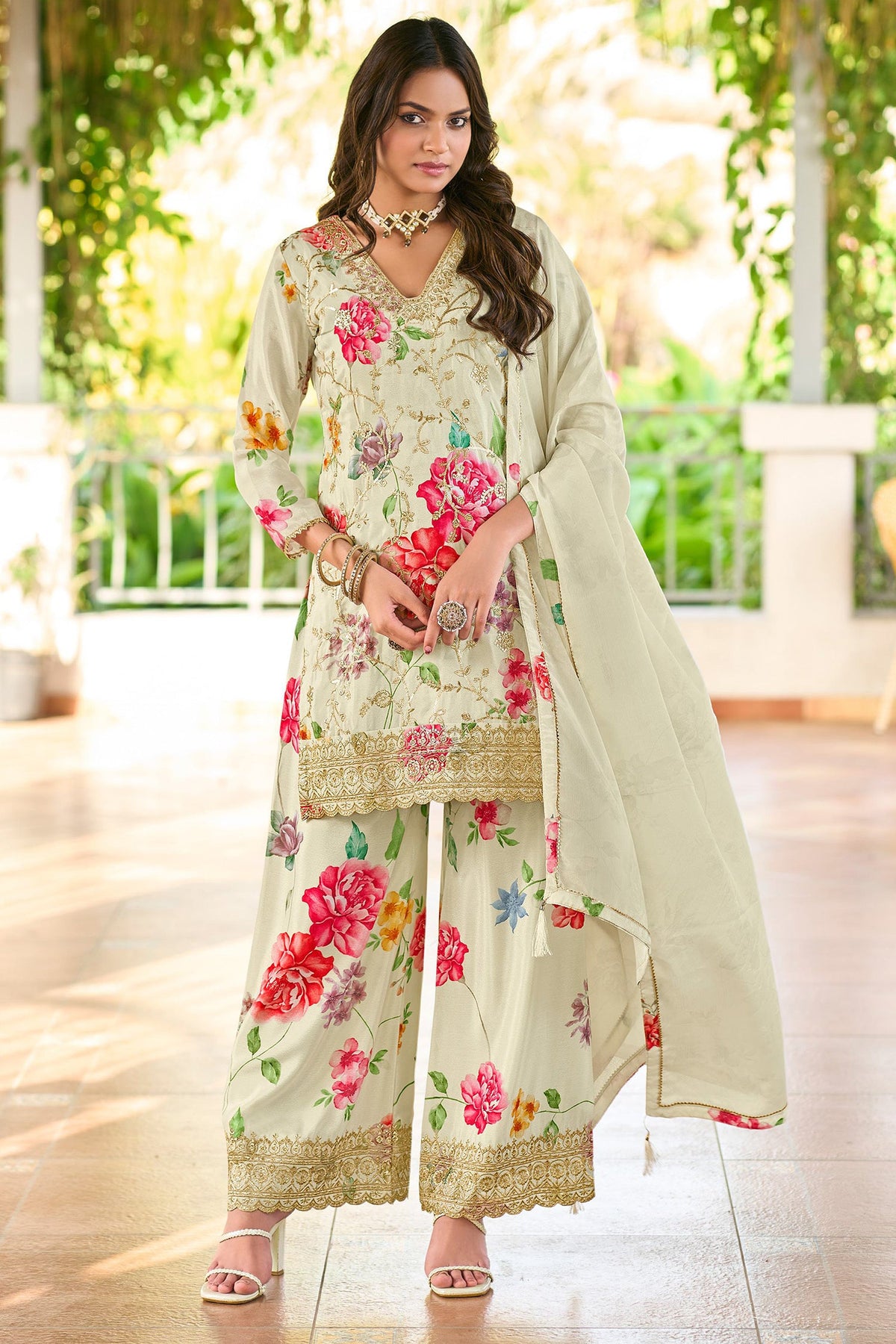 Off White Chinon Printed Palazzo Suit with Embroidery