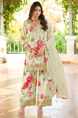 Off White Chinon Printed Palazzo Suit with Embroidery