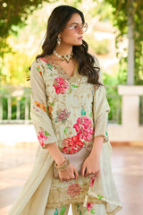 Off White Chinon Printed Palazzo Suit with Embroidery