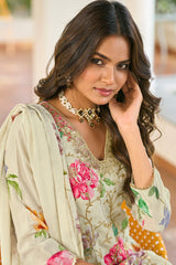Off White Chinon Printed Palazzo Suit with Embroidery