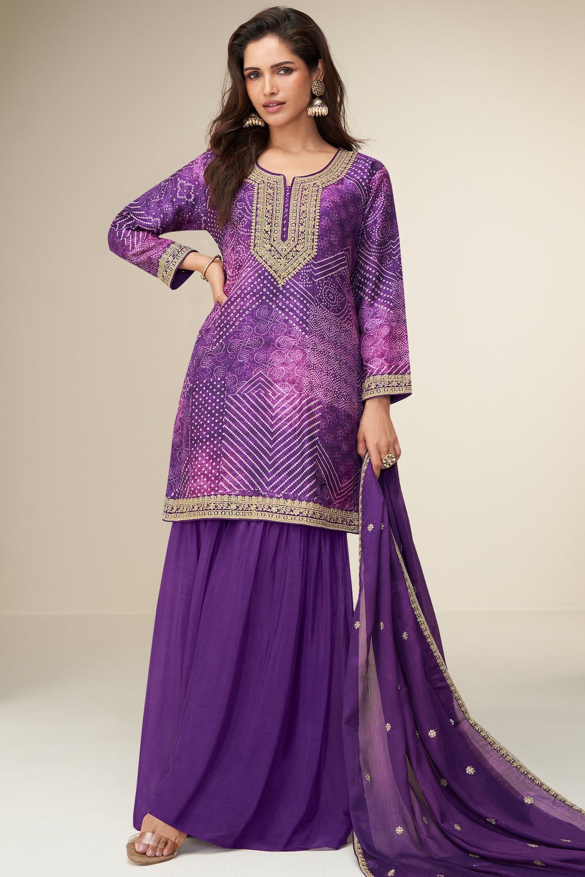 Purple Pink Chinon Silk Embroidered Sharara Suit