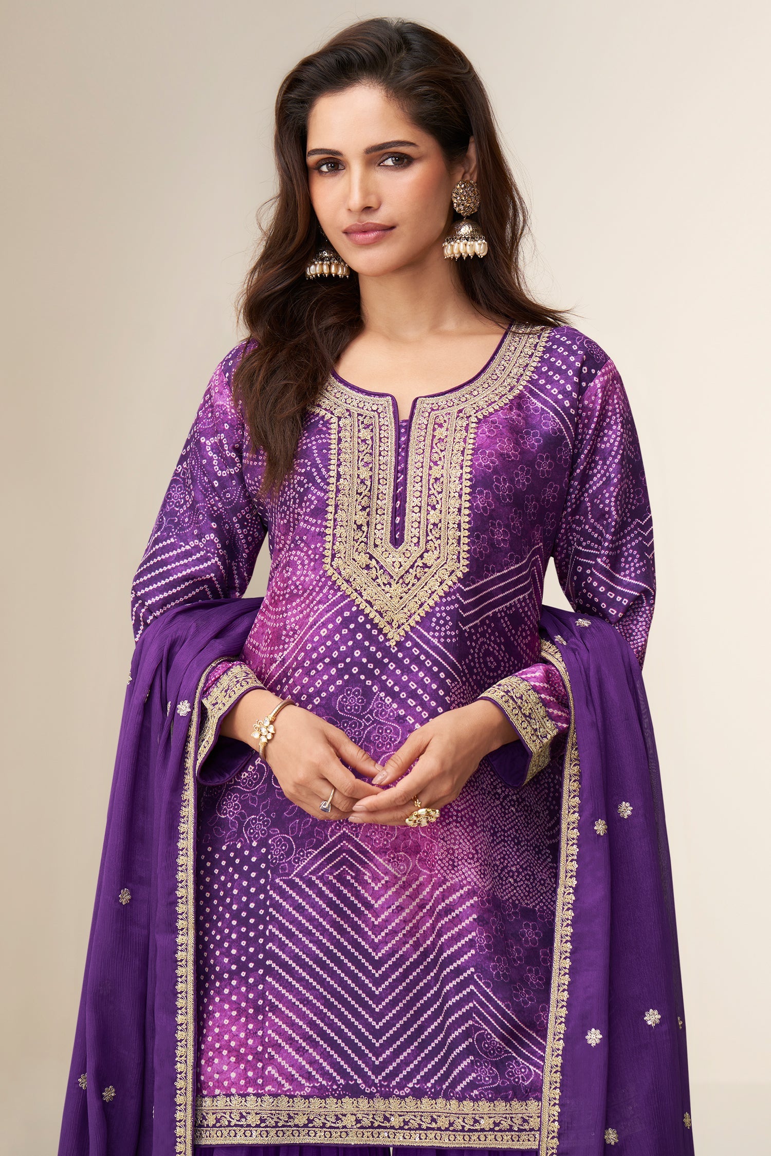 Purple Pink Chinon Silk Embroidered Sharara Suit