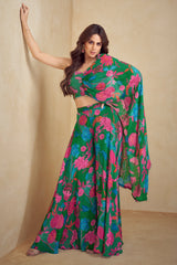 Dark Green Chinon Silk Printed Suit with One Shoulder Long Cape Sleeve