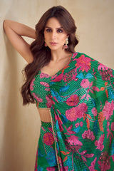 Dark Green Chinon Silk Printed Suit with One Shoulder Long Cape Sleeve